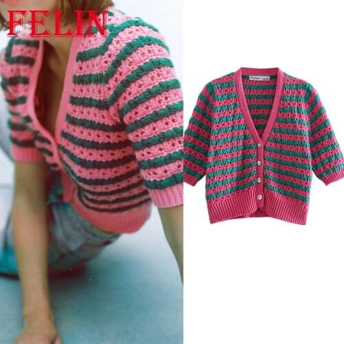 Women Vintage Sweaters Za Fashion 2021 V Neck Short Sleeve Slim Girls Cardigans Chic Mujer Tops Elegant Outwear