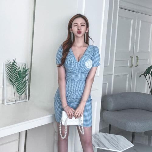 S-XL plus size summer korean elegant plaid sexy v-neck high waist sexy slim hips pencil dress women fashion office lady clothes