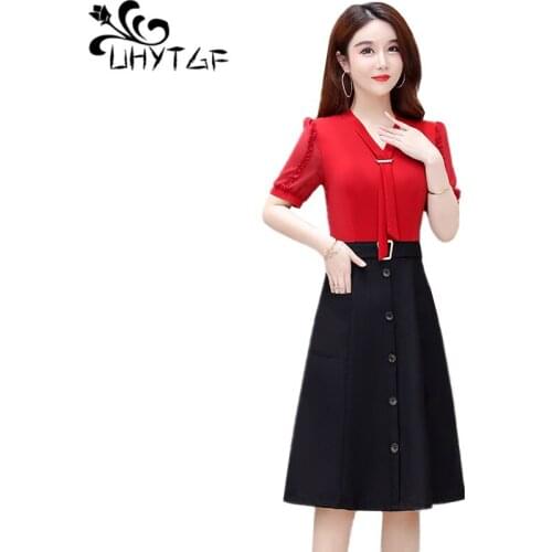 UHYTGF Women Dress Fashion Stitching Chiffon Fake Two Piece Summer Dresses Red Black Elegant Female Clothes Plus Size Dress 2107