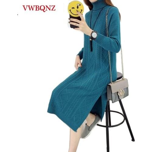 Autumn Winter Women Turtleneck Soft Stretch Sweater Dress Loose Korean Split Knitted Long Sweater Warm Pullover Ladies Clothing