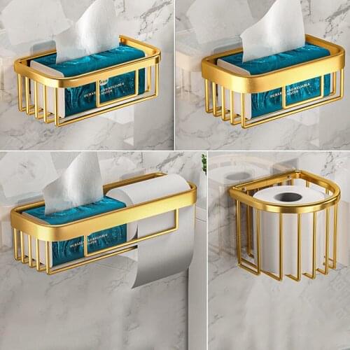 Home Bathroom Golden Aluminum Alloy Paper Towel Holder Punch-Free Shelf Toilet Paper Dispenser Wall-Mounted Shampoo Organizer