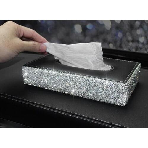 Bling Crystal Car Tissue Box Sun Visor Diamond Leather Auto Tissue Paper Holder Case Sunvisor Hanging Napkin Car Accessories