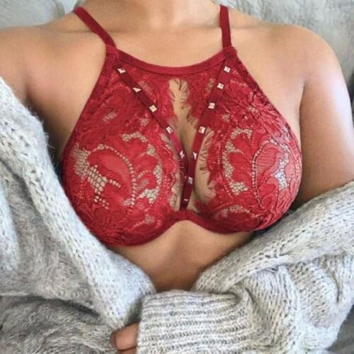Metal Rivet Flower Lace Bra Women Sexy Lingerie Solid Perspective Hollow Out Halter Bras Exotic Underwear Brasieres Para Mujer