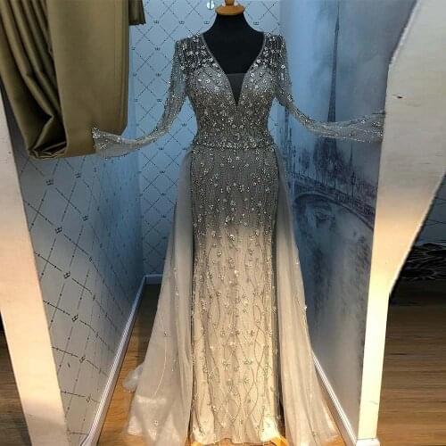 Couture 2020 Silver Long Sleeve Evening Dresses Elegant V Neck Tulle Crystal Beads Formal Dress Party Women Evening Gown Mermaid