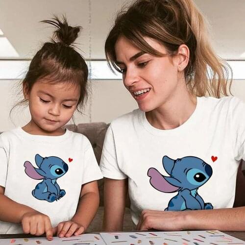 Childrens Clothing Disney Lilo Stitch Cartoon T-shirts Tops For Female Summer T Shirts White Fun Family Look Hot Tees Clothes