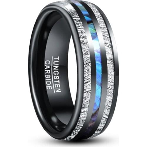 8mm Electric Black Inlaid Meteorite Anel Masculino Abalone Shell Dome Tungsten Carbide Ring For Men