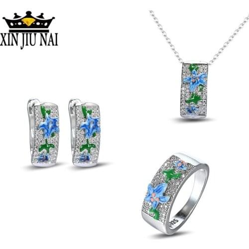 2020 hot sale new arrival enamel color blue flower drop glue pendant Europe and America ring earring wedding suit women