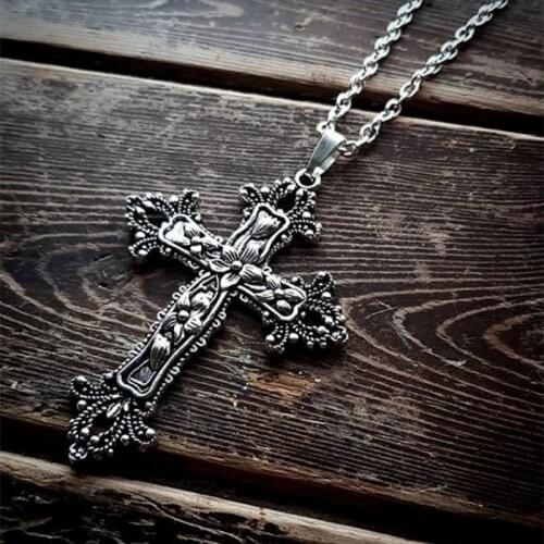 Goth Large Detailed Floral Cross Pendant Necklace Tone Gothic Punk Jewellery Fashion Charm Statement Women Gift Steampunk 2021