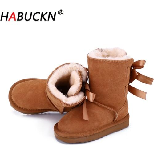HABUCKN High Quality Children winter snow boots genuine leather boots mid-calf Lace up bow-knot boots Boy and girl dusk shoes