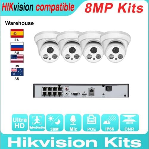 Hikvision Compatible Kits 4PCS 8MP POE IP Camera 4K & Hikvision 8CH POE NVR DS-7608NI-Q1/8P 1HDD Video Surveillance CCTV System