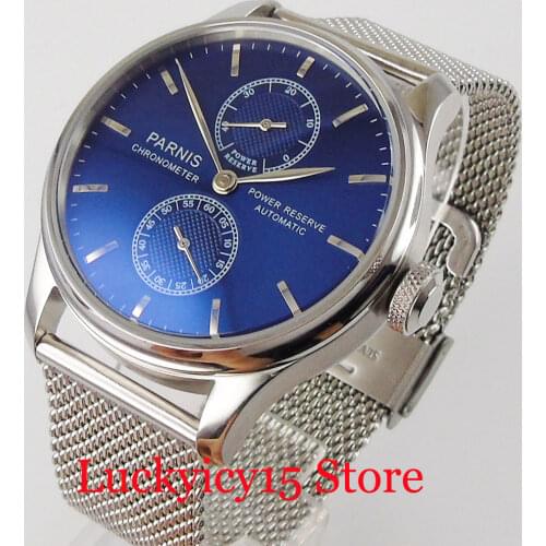PARNIS BLUE 43mm Automatic Men Wristwatch Power Reserve Indicator Mental Back Steel Bracelet Screw Crown