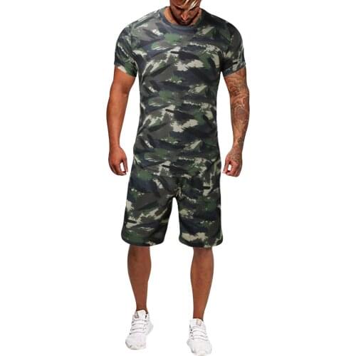 Camouflage Tight Mens Sets Tracksuit Short Sleeve Football Training Suit Summer T Shirt + Shorts Sports 2 Piece Set Tracksuits