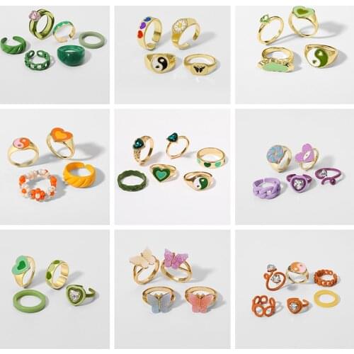 17KM Fashion Gold Color Geometric Heart Rings Set for Women Colorful Purple Green Color Resin Ring Wholesale Jewelry