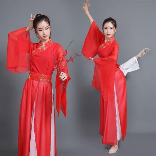 Womens Chinese Traditional Folk Dance Hanfu Costume Sequin Embroidery Ancient Fairy Red Stage Performance Dress Outfits