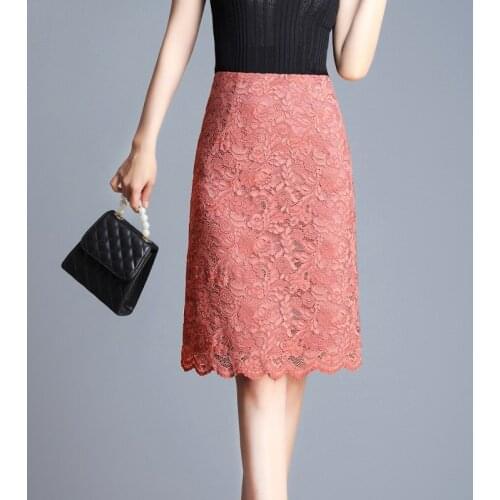 Lace Women Skirts Summer New 2021 High Waist Solid Straight Knee-Length Elegant Office Lady Clothing Top Quality