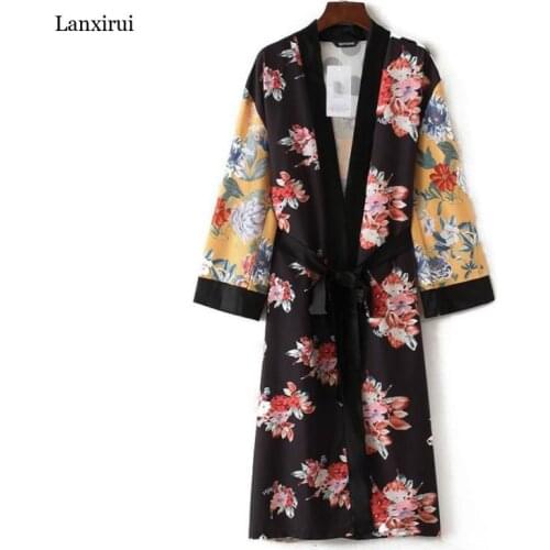 Spring Autumn New Fashion Tide jacket Loose V-neck Printing Long Sleeve Sashes Bohemian Womens Coat Large Size