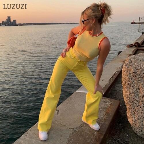 LUZUZI Y2K candy color loose girl high waist pants 2021 fashion slim retro straight wide leg jeans women trousers streetwear