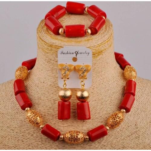 Fashion Jewelry Red Coral Bead Necklace African Ladies Wedding Dress Accessories Nigerian Bride Wedding Jewelry Set AU-283
