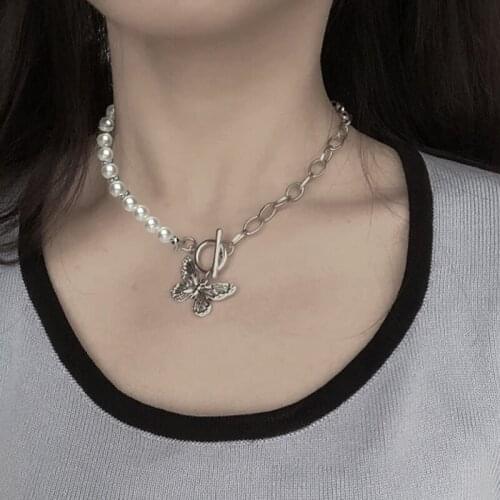 Pearl Butterfly Punk Necklace For Women Pendant Asymmetry Choker Creative Wedding Elegant Jewelry 2021 New Fashion Trendy