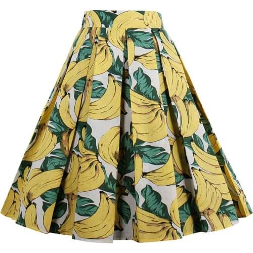 Retro Cotton Banana Floral Print Pleated Skirt High Waist Vintage Skirts Women 50s Audrey Hepburn Style Saias Midi Swing Skirt