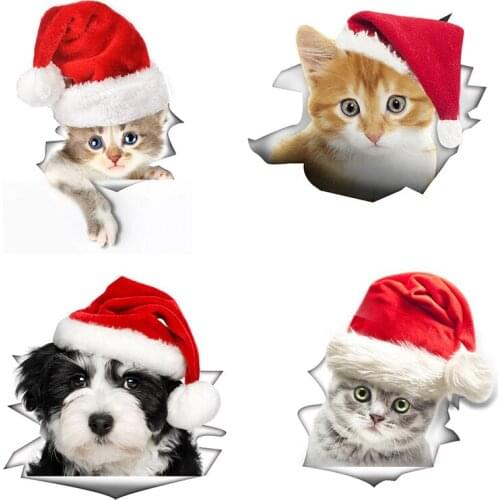 Christmas Hat Cats Dogs Wall Stickers Christmas Decoration Hole View 3D Art Dogs Wall Decals For Bathroom Toilet Home Decor