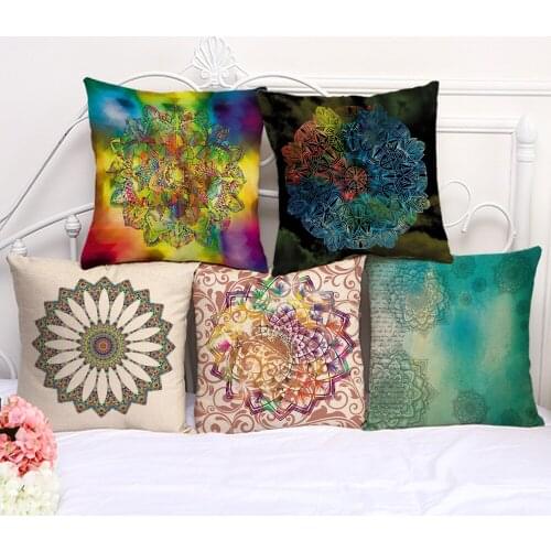 Geometric Flower Mandala Color Cushion Cover Cotton Linen Decorative Pillowcase Chair Seat Square 45x45cm Pillow Cover P1097