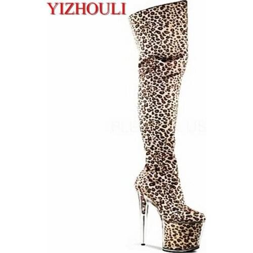 8 Inch With Platform leopard print high heels 20cm Crystal shoes thigh high stiletto boots gold Super sky platform glitter shoes