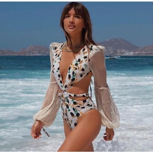 V- Neck One Piece Swimsuit 2021 Mesh Long Sleeve Swimwear Women Monokini Sexy Print Bathing Suit Backless Beachwear