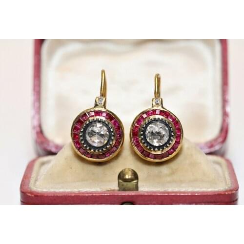 VINTAGE 22K GOLD NATURAL ROSE CUT DIAMOND AND CALIBER RUBY DECORATED EARRING