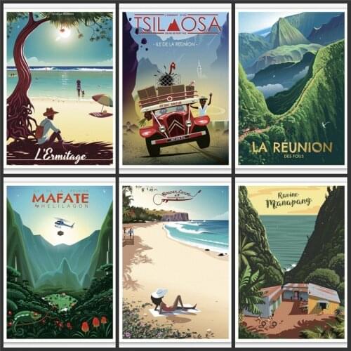 French Reunion Island Holiday Vintage Travel Posters Canvas Paintings Vintage for Living Room Decoration Home Decor Wall Art