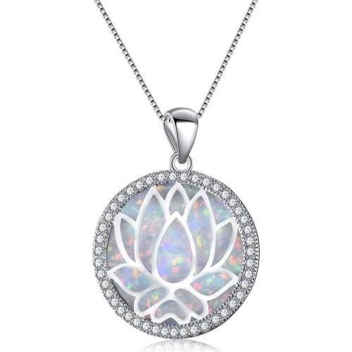 High Quality Blue / White Fire Opal Lotus Buddhism Flower Pendant Necklace
