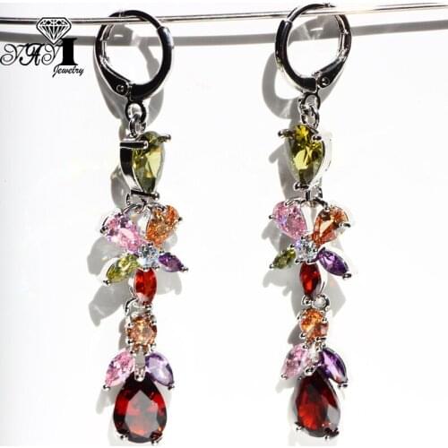 YaYI Jewelry Multi-Color Hot Natural Garnet Gemstones Zirconia Silver Color Wedding Party Hoop Ear Stud Precious Tassel Earrings