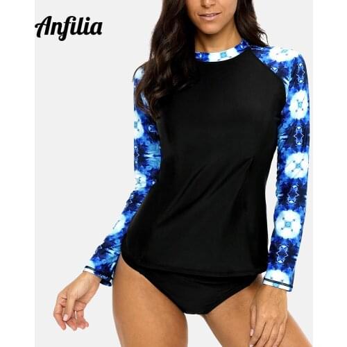 Anfilia Women Long Sleeve Rashguard Top Floral Print Swimwear Surf Running Shirts Rash Guard UPF50+ Retro Geometric Beach Wear