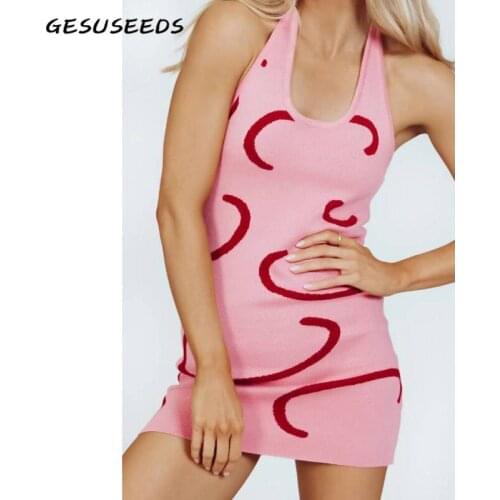 Sexy dress sleeveless women dresses summer 2021 korean style mini dress print backless dresses knitted halter dress pink party