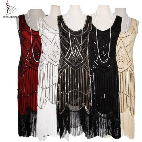 Women Party Dress 1920 s Great Gatsby Flapper Vestidos Sequin Bead Fringe Dress Evening V Neck Embellished Fringed Sleeveless