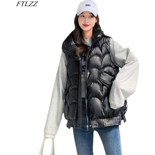 FTLZZ Autumn Winter Women Cotton Vest Loose Fit Stand Collar Sleeveless Jacket Casual Short Cotton Padded Warm Waistcoat