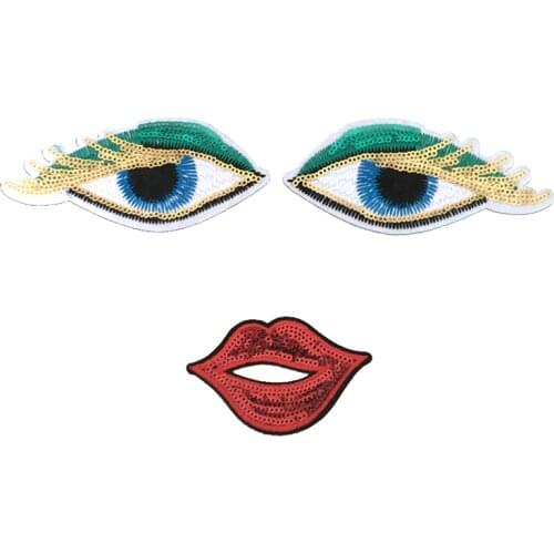 2sets Sequin Patch DIY Eye with lips Iron On Patches For Kids Clothes Sew-On Embroidered Patch Scrapbook Motif Beaded Applique