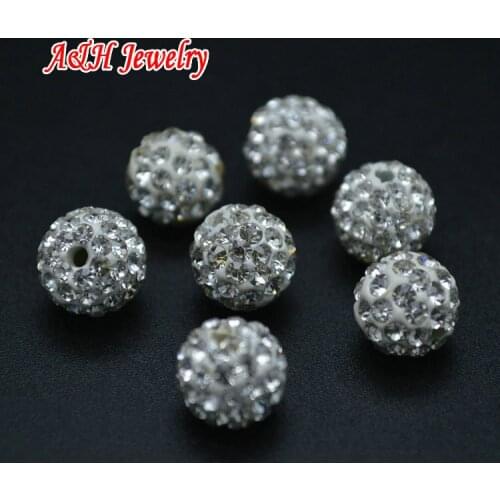 100pcs High Quality White Silver Disco Beads 10mm Shine Rhinestone Crystal Paved On Clay Round Beads