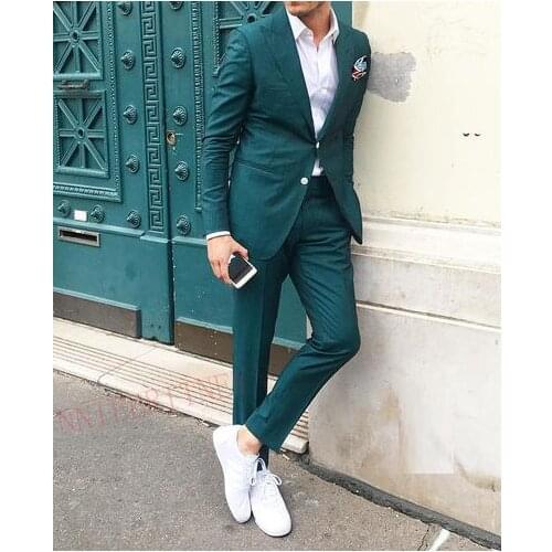 2020 Stylish Green Mens Suit 2 piece Prom Wedding Suits for Men Tailored Groom Tuxedo Slim Fit Suit Men Blazer Jacket Pants Set