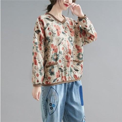2021 Literary Cotton And Linen Print T-Shirt Long-Sleeved Loose Patchwork V-Neck Womens Casual Vintage Floral Tee Shirt Pockets