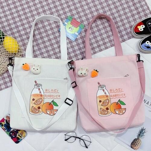 2021 Womens Canvas Shopper Bag With Print Shoppers Tote Bag Girls Handbags Summer Female Cartoon Oranges Shoulder Bag Schoolbag