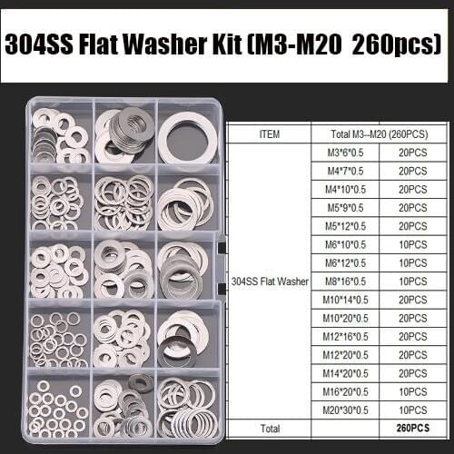 260Pcs/set DIN125 M3 M4 M5 M6 M8 M10 M12 M14 M16 M20 304 Stainless Steel Flat Washer Plain Washer Gaskets Assortment Kit