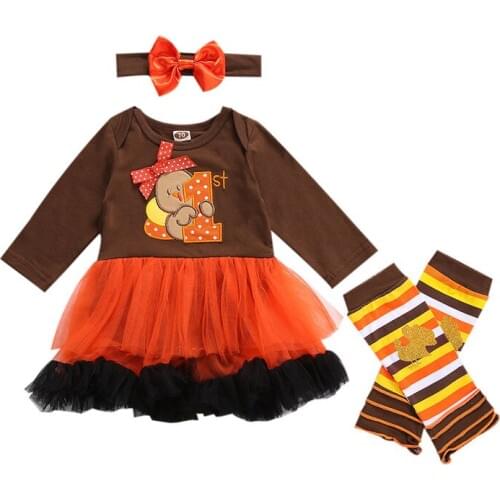 Newborn Girls Firsts Thanksgiving Day Outfits Cartoon Printed Patchwork Mesh Dress Leg Warmers Bow Headband 4 Pcs Sets