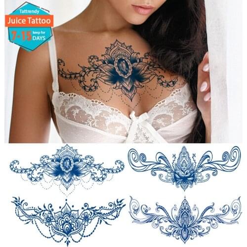 Body Art Sexy Fake Tattoo Juice Lasting Water Transfer Temporary Tattoo Mandala Lace Flowers Breast Tattoos Sticker Taty Large