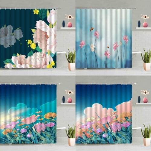 Color Flowers Shower Curtain Sets Red Pink Floral Lotus Green Leaves Plants Bathtub Decoration Screen Washable Hanging Curtains
