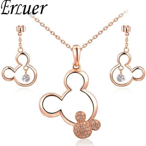 ERLUER Jewelry Sets Mickey Pendant Necklace Drop Earrings Austrian Crystal Weeding Necklaces Set For Women Girls Gift Jewellery