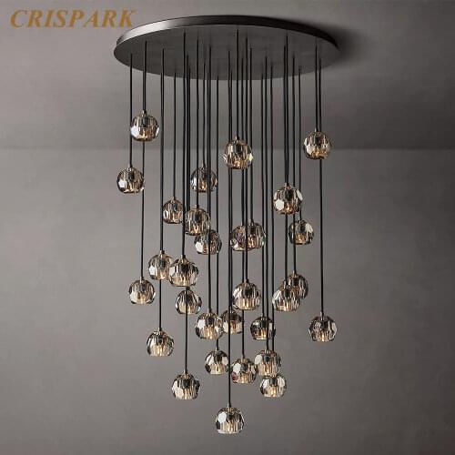 Boule De Smoky Cristal Round Cluster Vintage Crystal Ceiling Chandelier LED Indoor Lighting Pendant Hanging Lamp for Stairs