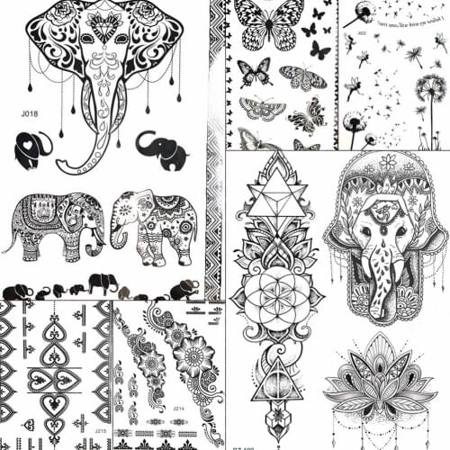 India Elephant Hamsa Hand Women Girl Waterproof Fake Tattoos Stickers Black Lotus Mehndi Temporary Tattoo Wedding Triangle Boho