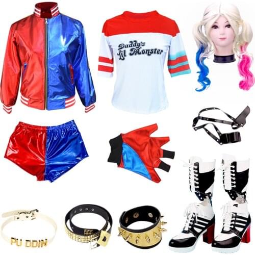 Carnival Embroidery Cosplay Suicide Costumes Squad Women Kids Girls Party Joker Stage Performance Jacket Suits Gloves S-XXL
