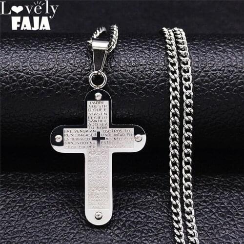 Catholic Cross Scripture Stainless Steel Pendant Necklace for Women/Men Silver Color Necklace Jewelry colgante cruz NXS03